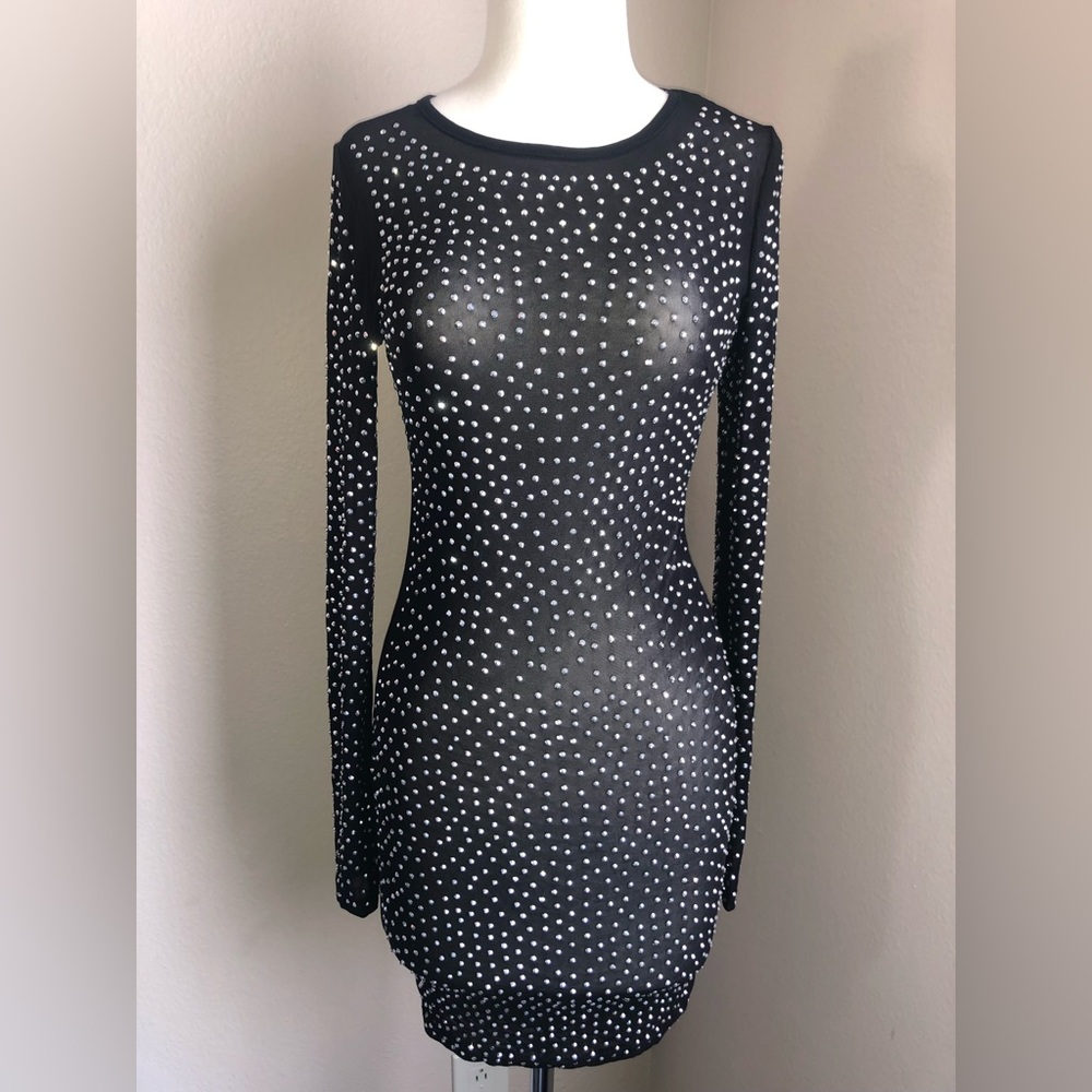 Long Sleeve Sparkle Mesh Mini Dress